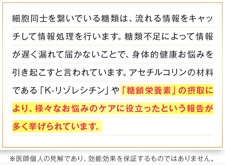 「糖鎖栄養素」の摂取により、様々なお悩みのケアに役立ったという報告が多く挙げられています。